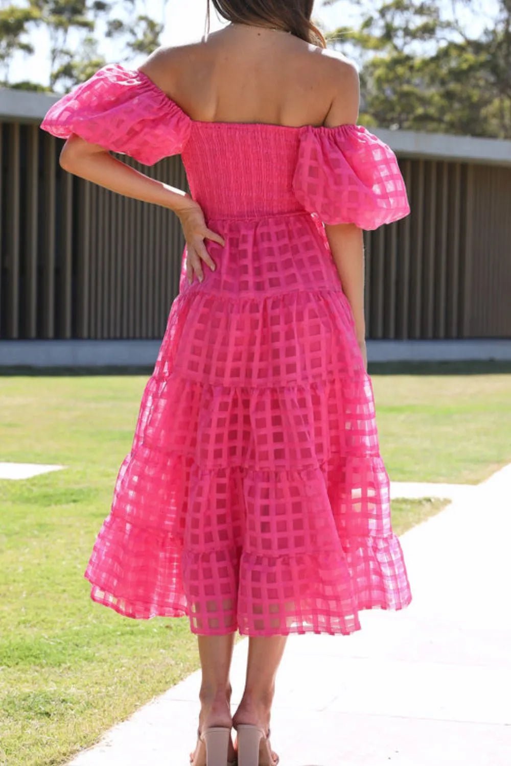 Off Shoulder Short Puff Sleeve Midi Dress - adritiX