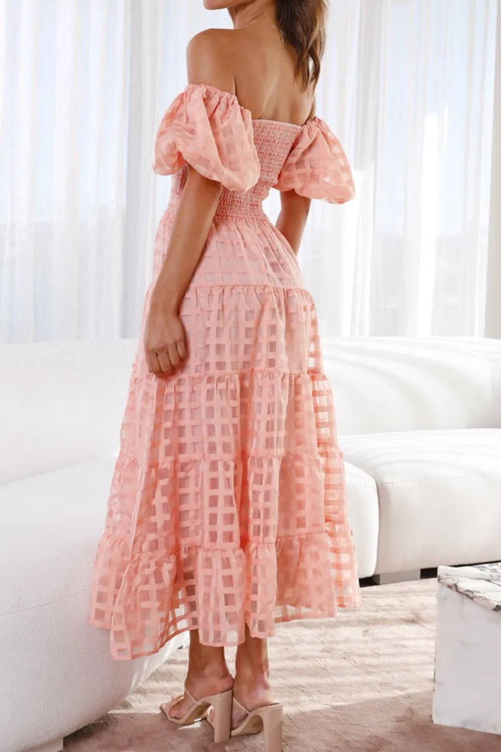 Off Shoulder Short Puff Sleeve Midi Dress - adritiX