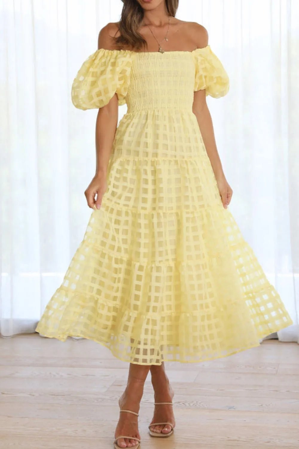Off Shoulder Short Puff Sleeve Midi Dress - adritiX