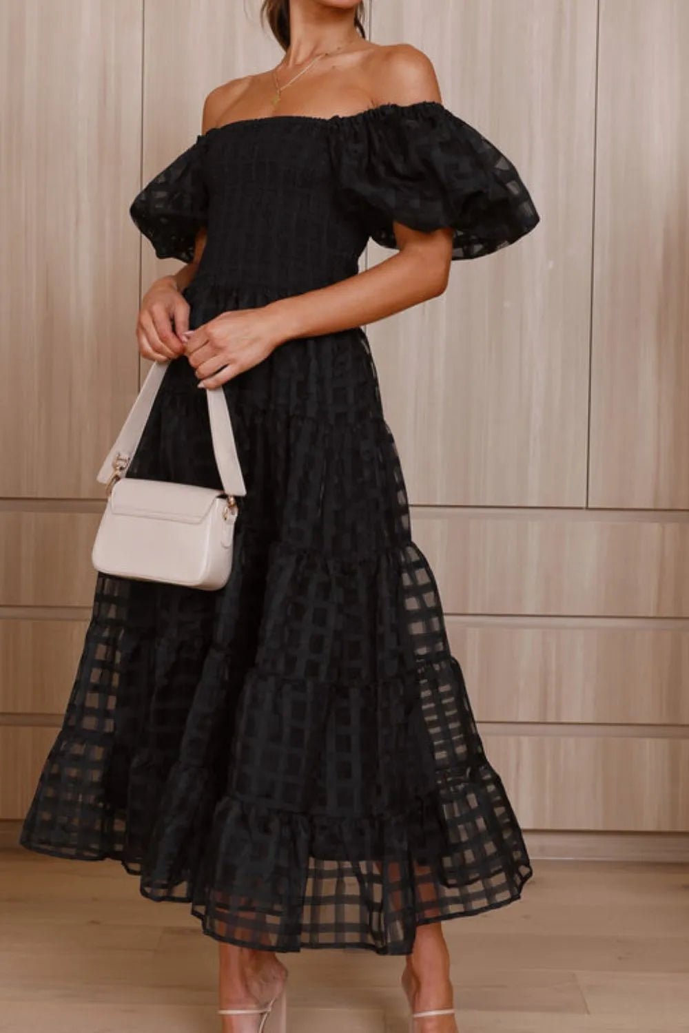 Off Shoulder Short Puff Sleeve Midi Dress - adritiX