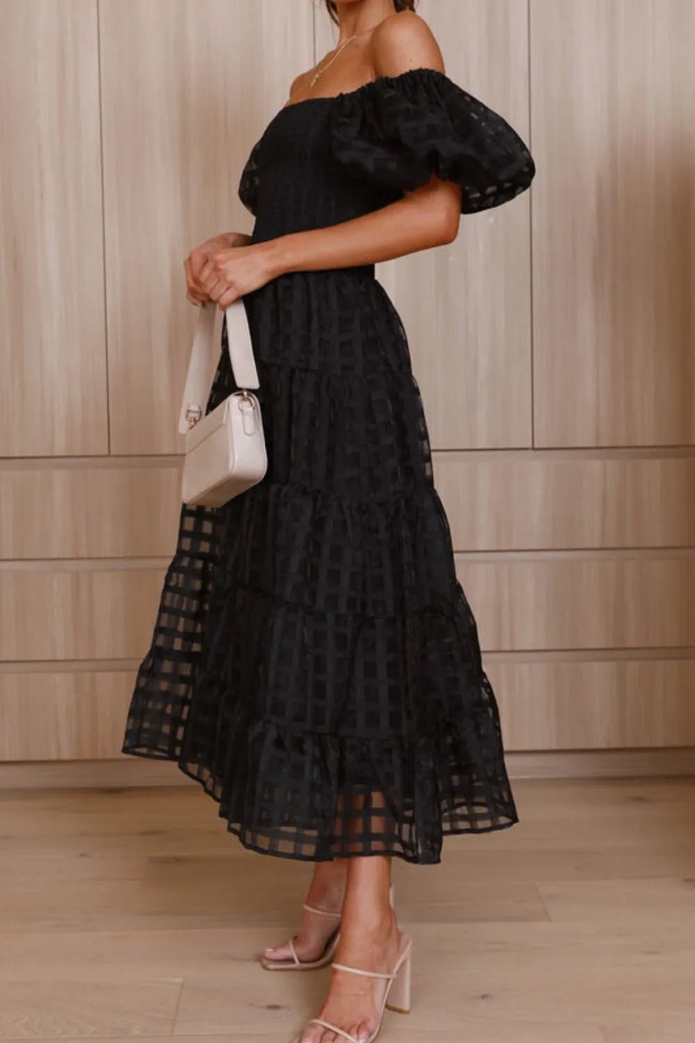 Off Shoulder Short Puff Sleeve Midi Dress - adritiX