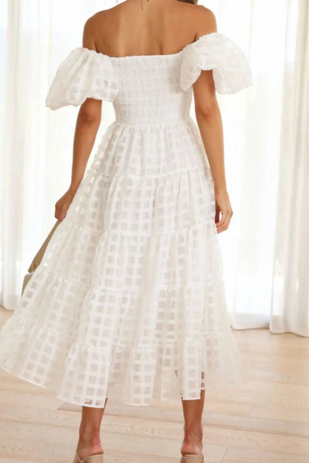 Off Shoulder Short Puff Sleeve Midi Dress - adritiX