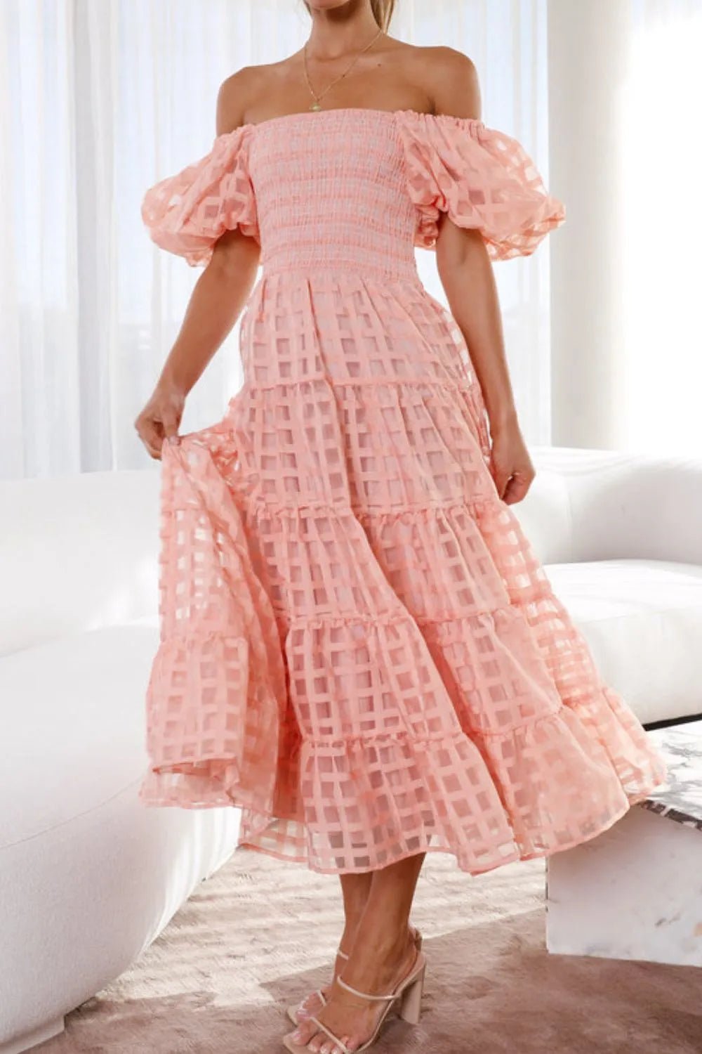 Off Shoulder Short Puff Sleeve Midi Dress - adritiX