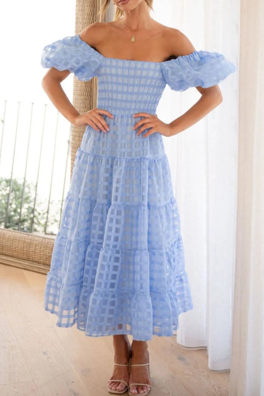 Off Shoulder Short Puff Sleeve Midi Dress - adritiX