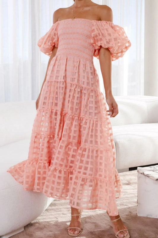 Off Shoulder Short Puff Sleeve Midi Dress - adritiX