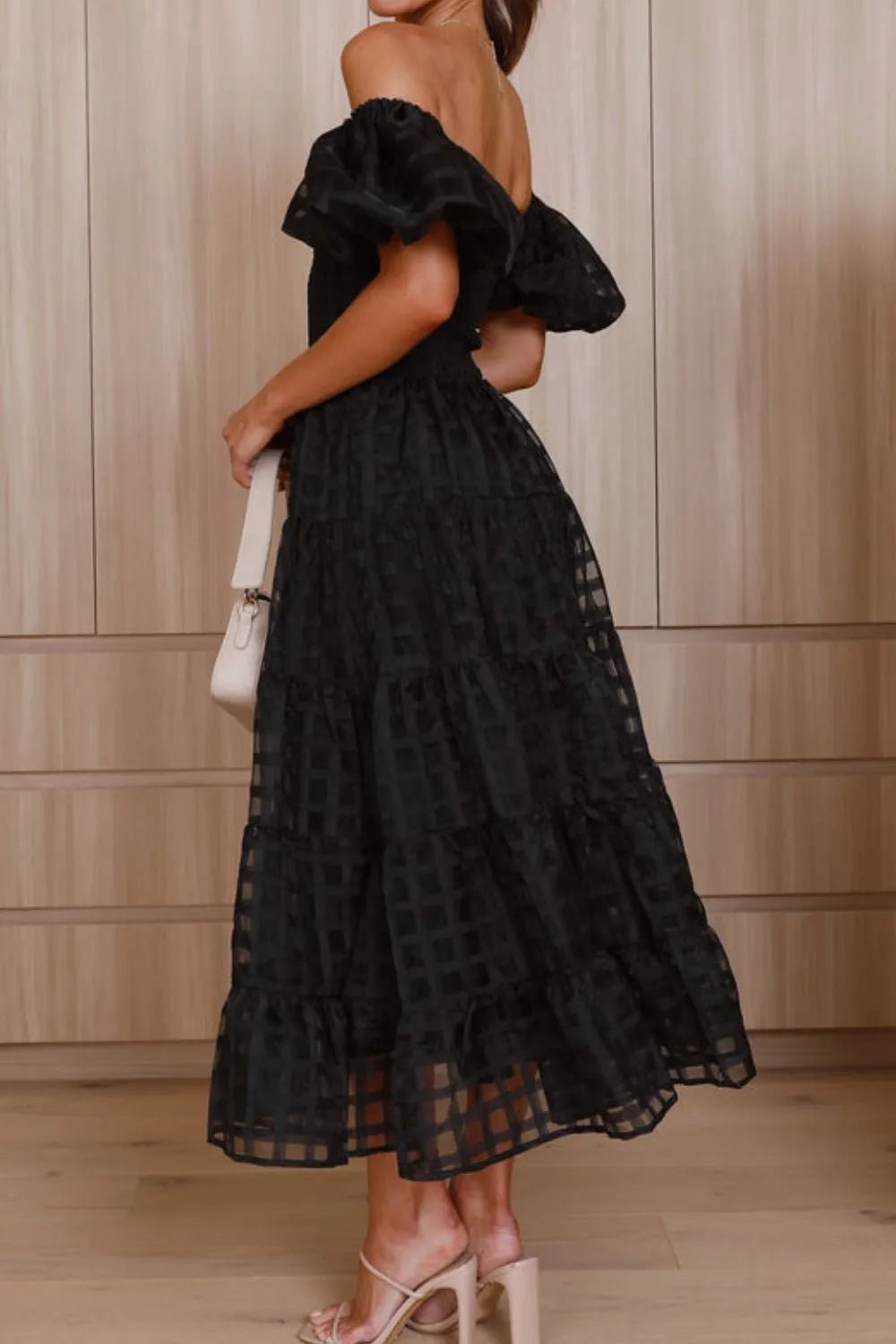 Off Shoulder Short Puff Sleeve Midi Dress - adritiX