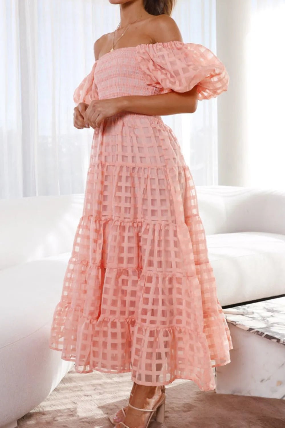 Off Shoulder Short Puff Sleeve Midi Dress - adritiX