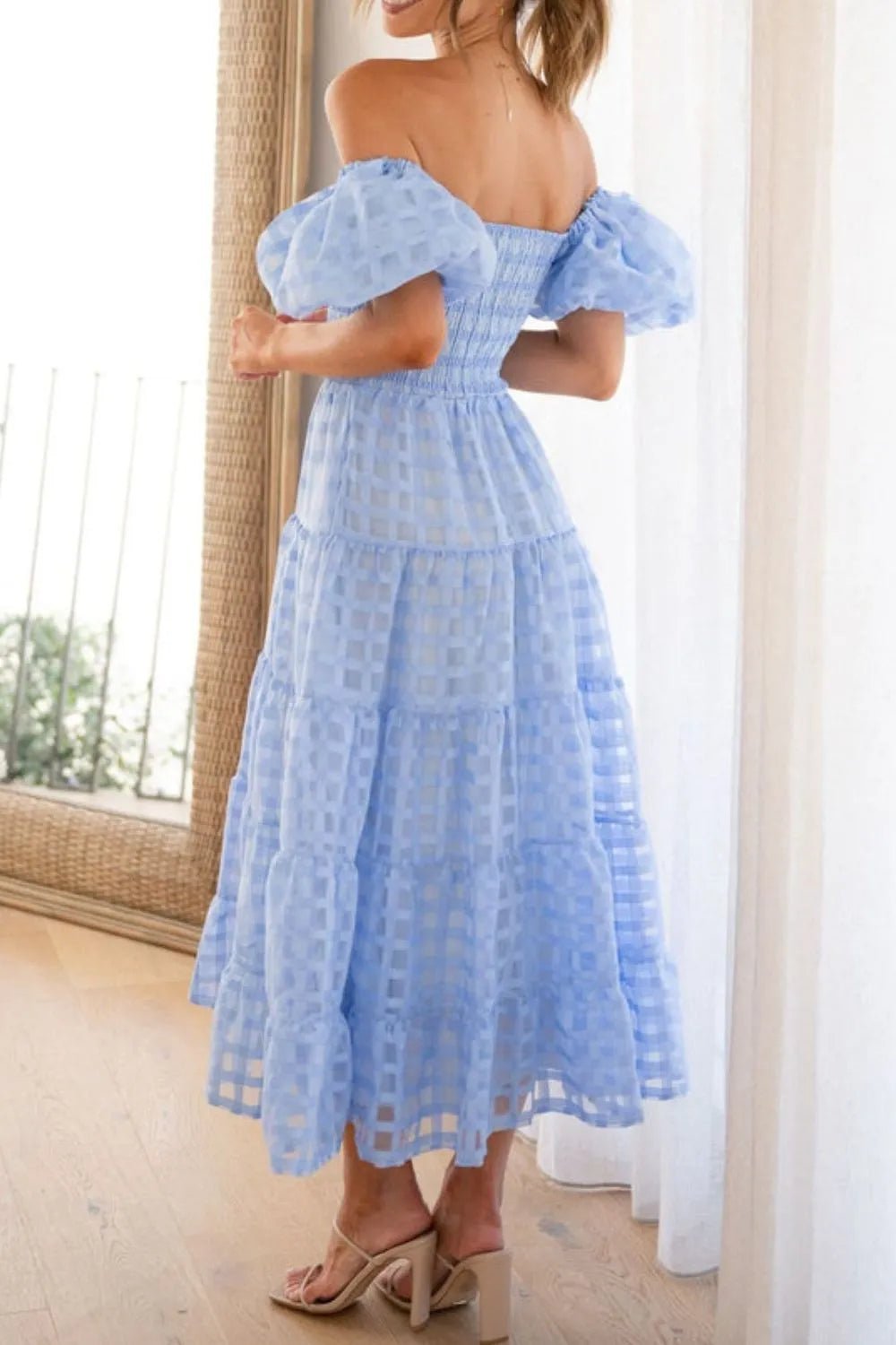 Off Shoulder Short Puff Sleeve Midi Dress - adritiX