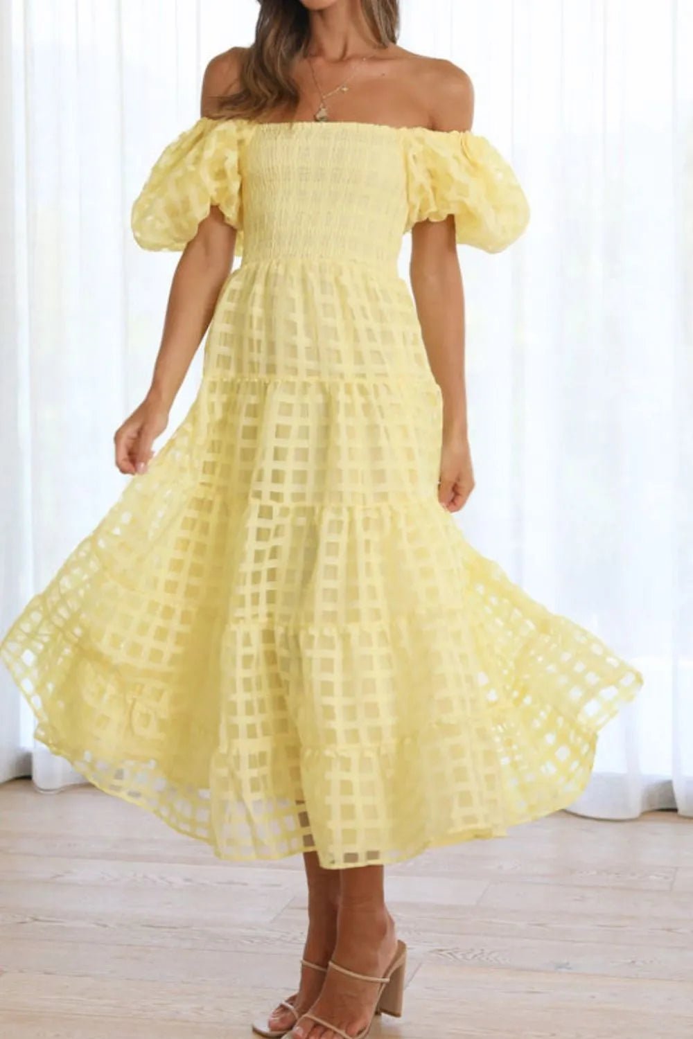 Off Shoulder Short Puff Sleeve Midi Dress - adritiX