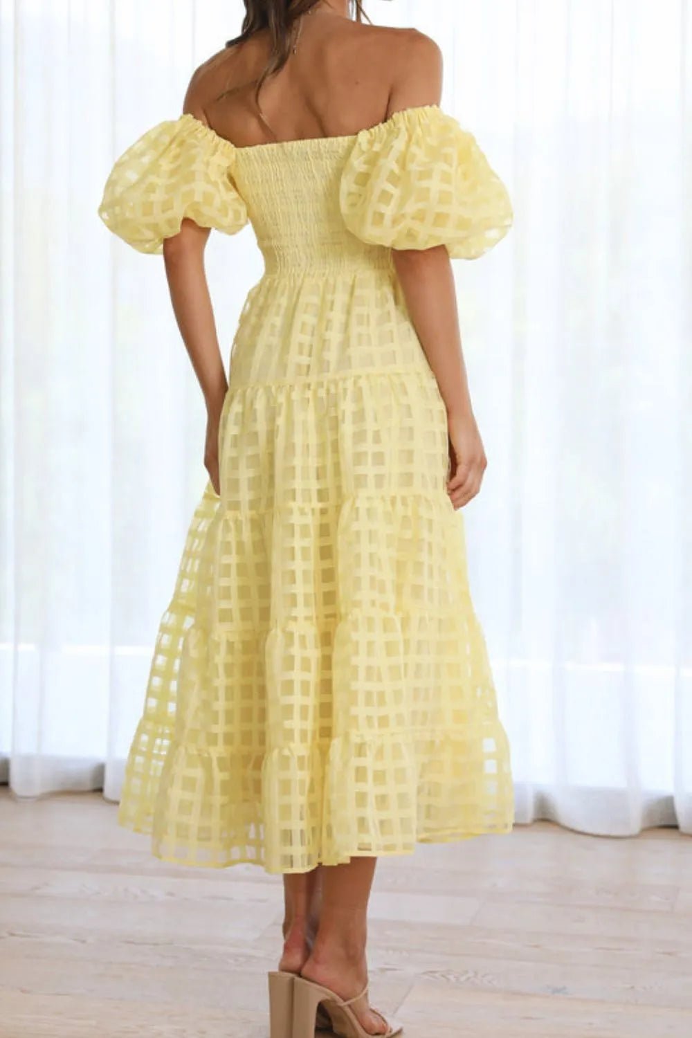 Off Shoulder Short Puff Sleeve Midi Dress - adritiX