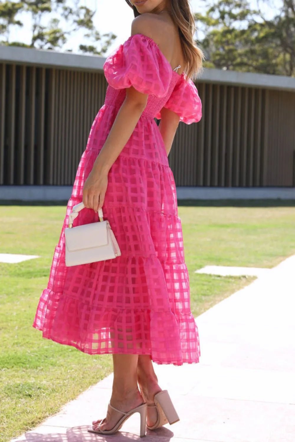 Off Shoulder Short Puff Sleeve Midi Dress - adritiX