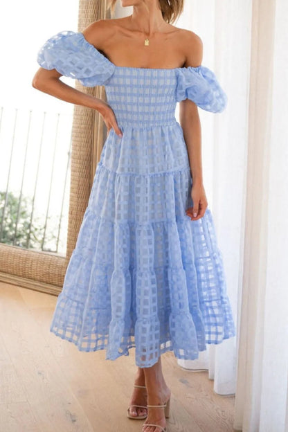 Off Shoulder Short Puff Sleeve Midi Dress - adritiX