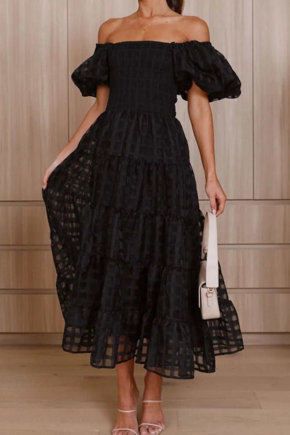 Off Shoulder Short Puff Sleeve Midi Dress - adritiX