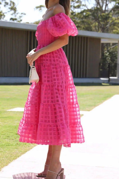 Off Shoulder Short Puff Sleeve Midi Dress - adritiX