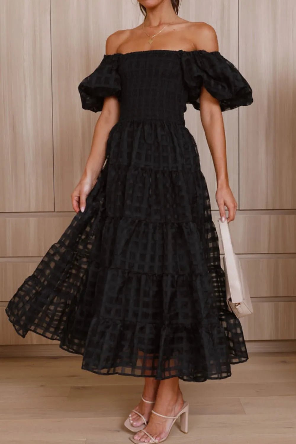 Off Shoulder Short Puff Sleeve Midi Dress - adritiX