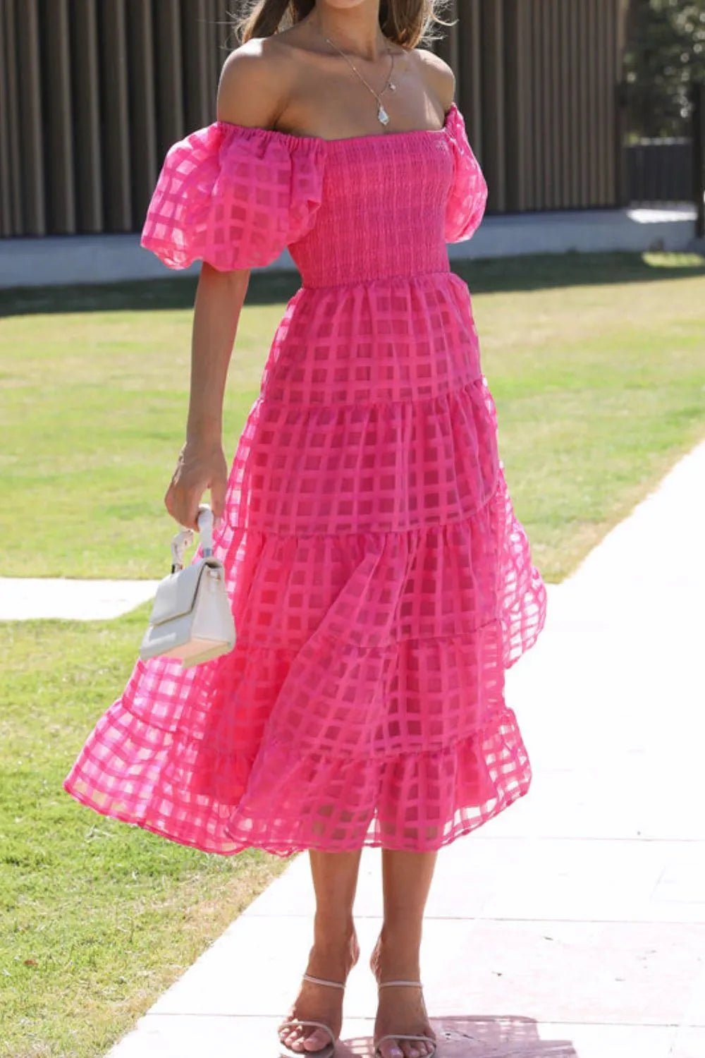 Off Shoulder Short Puff Sleeve Midi Dress - adritiX