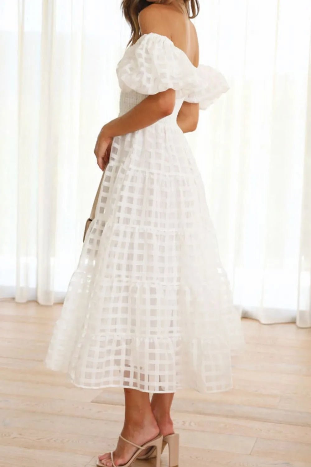Off Shoulder Short Puff Sleeve Midi Dress - adritiX