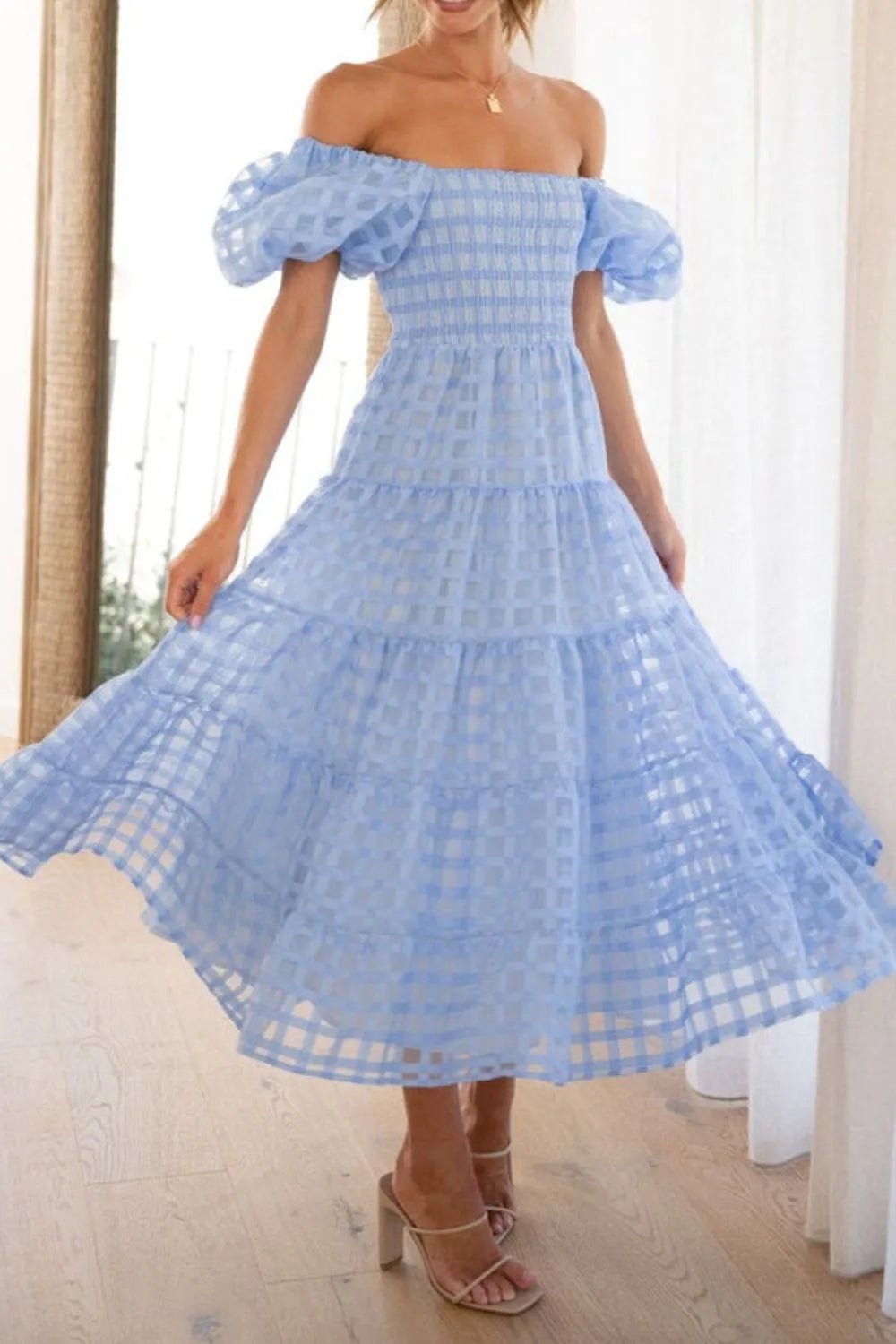 Off Shoulder Short Puff Sleeve Midi Dress - adritiX