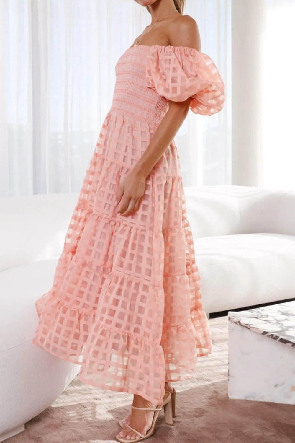 Off Shoulder Short Puff Sleeve Midi Dress - adritiX