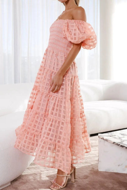Off Shoulder Short Puff Sleeve Midi Dress - adritiX
