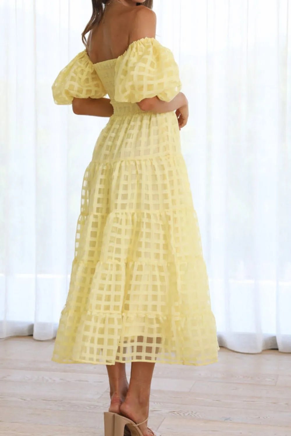 Off Shoulder Short Puff Sleeve Midi Dress - adritiX