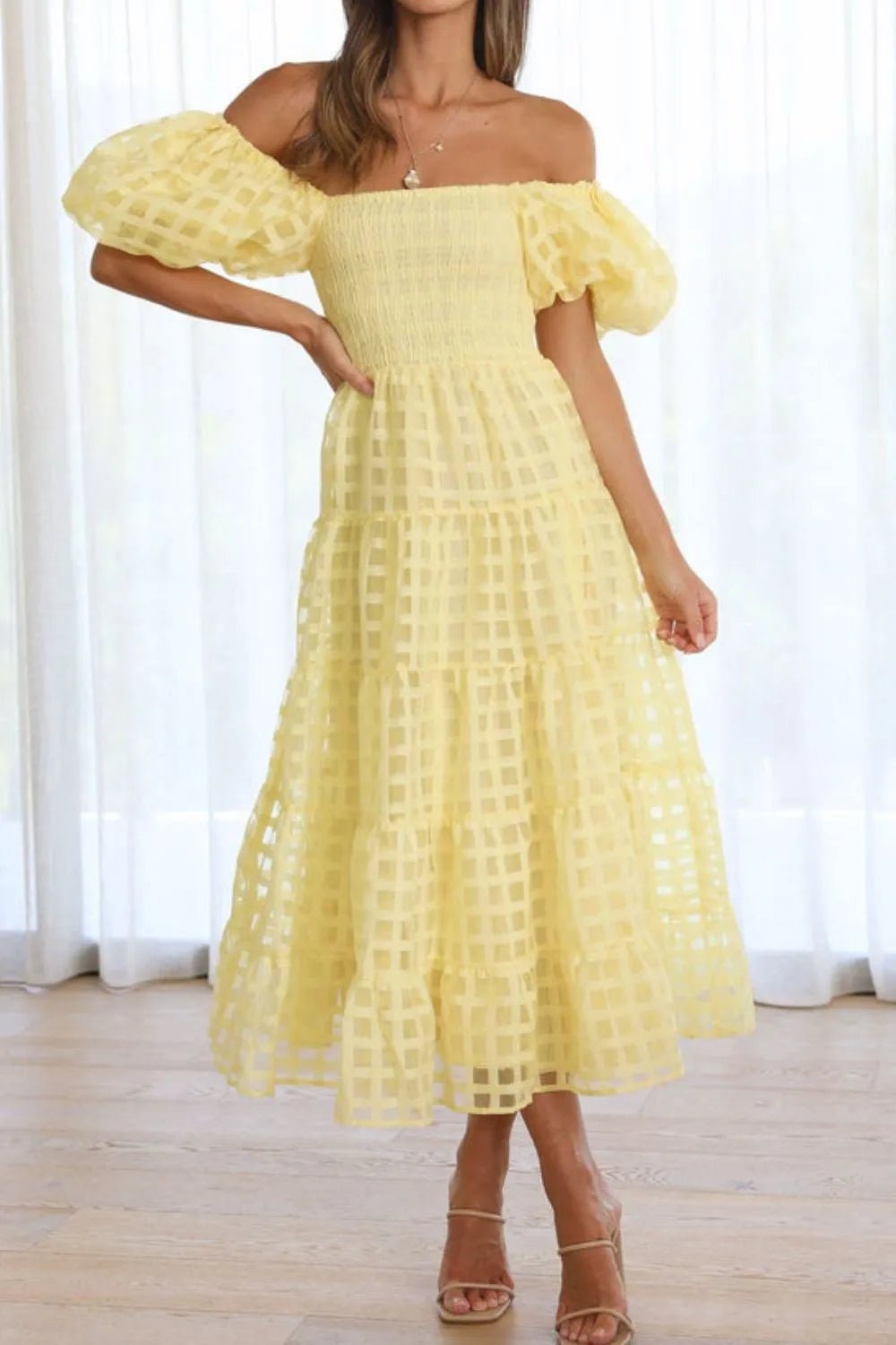 Off Shoulder Short Puff Sleeve Midi Dress - adritiX