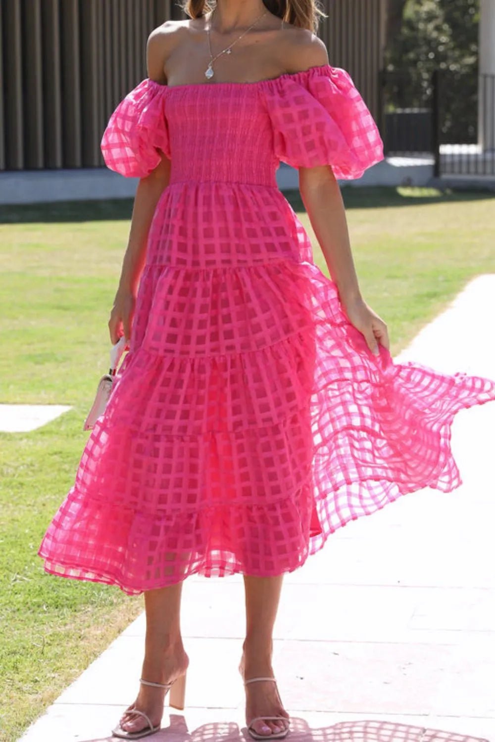 Off Shoulder Short Puff Sleeve Midi Dress - adritiX