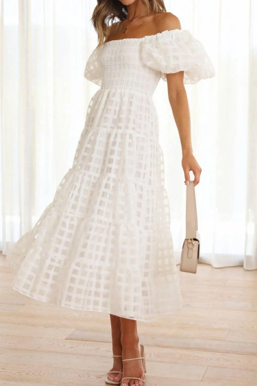 Off Shoulder Short Puff Sleeve Midi Dress - adritiX
