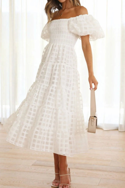 Off Shoulder Short Puff Sleeve Midi Dress - adritiX
