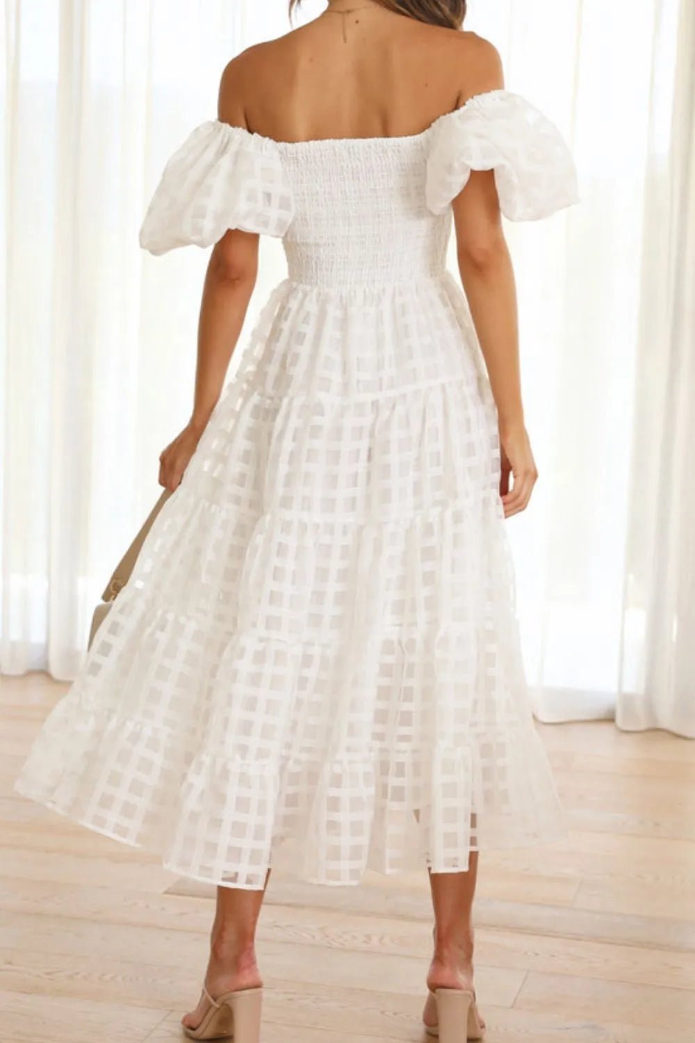 Off Shoulder Short Puff Sleeve Midi Dress - adritiX