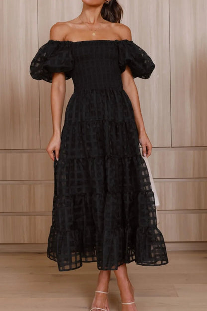 Off Shoulder Short Puff Sleeve Midi Dress - adritiX