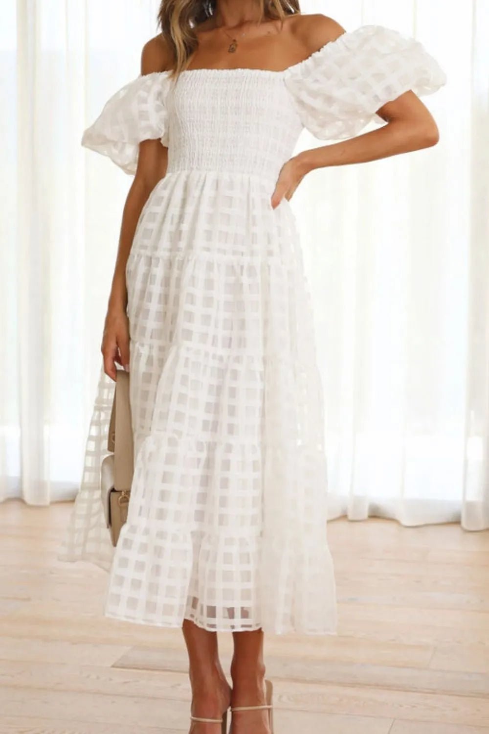 Off Shoulder Short Puff Sleeve Midi Dress - adritiX