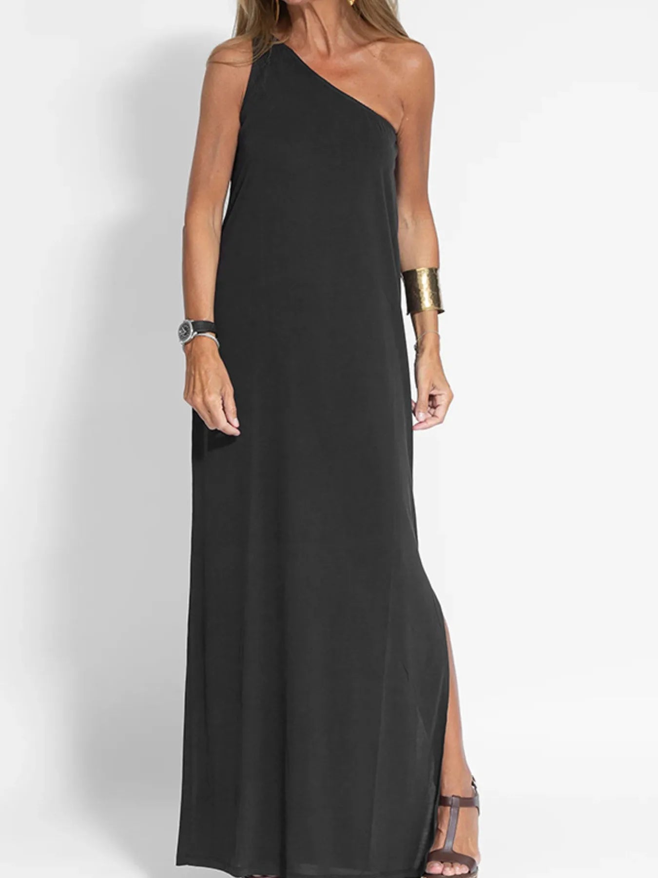 One - Shoulder Maxi Dress with Side Slit - adritiX