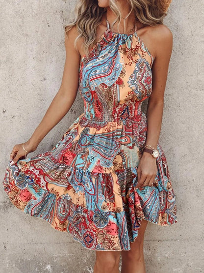Paisley Print Halter Neck Mini Dress - adritiX