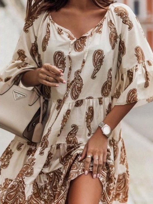 Paisley Print Tie Neck Half Sleeve Mini Dress - adritiX