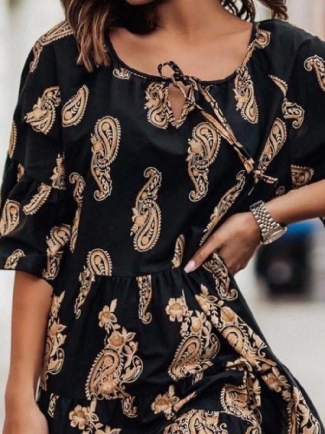 Paisley Print Tie Neck Half Sleeve Mini Dress - adritiX