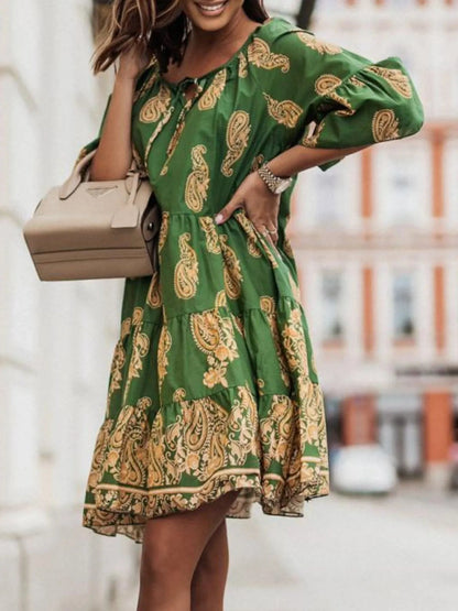 Paisley Print Tie Neck Half Sleeve Mini Dress - adritiX