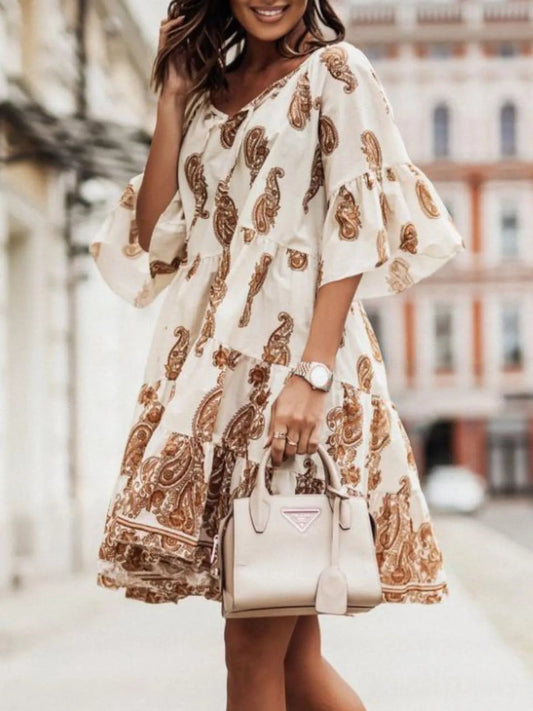 Paisley Print Tie Neck Half Sleeve Mini Dress - adritiX