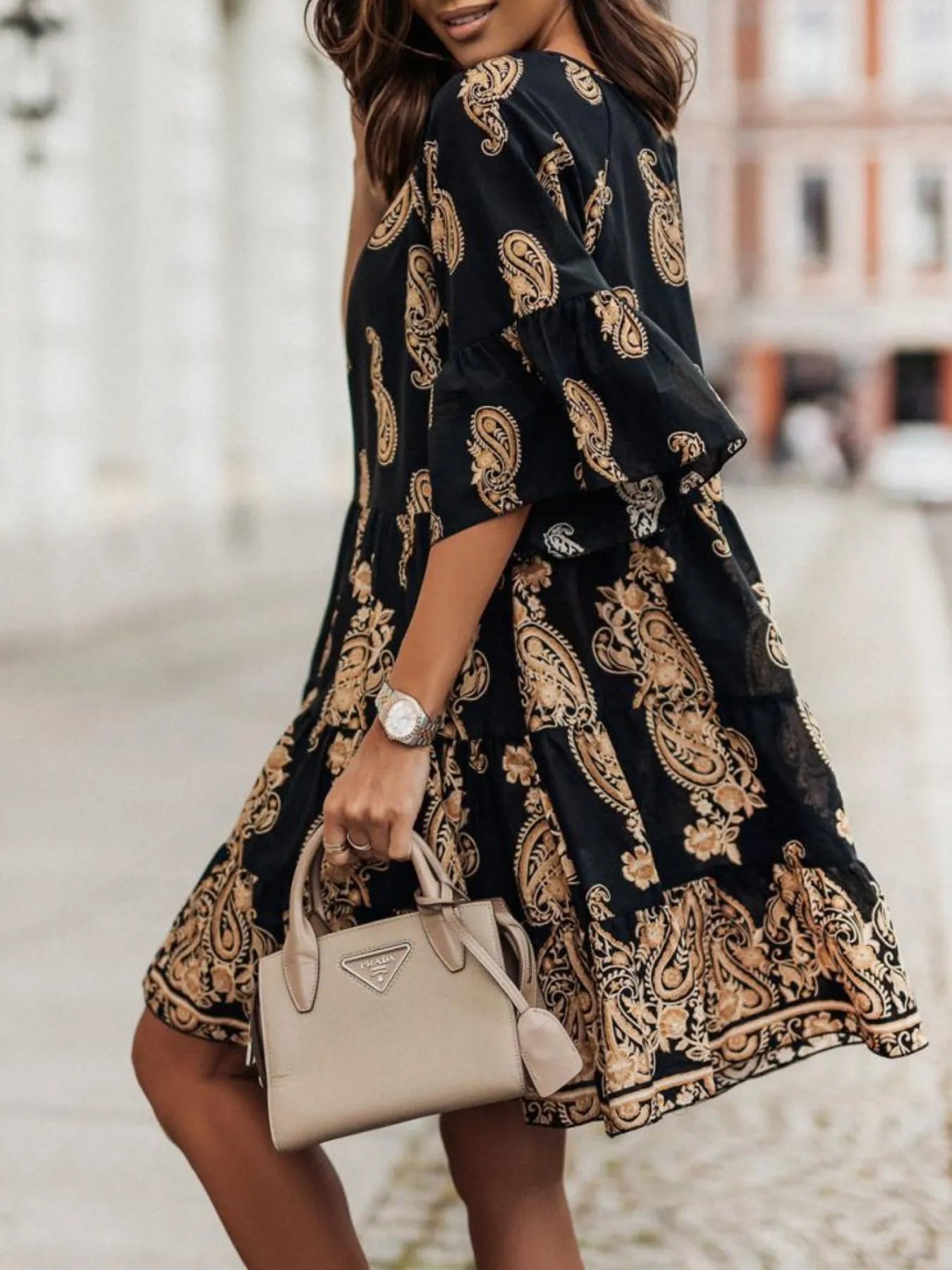 Paisley Print Tie Neck Half Sleeve Mini Dress - adritiX