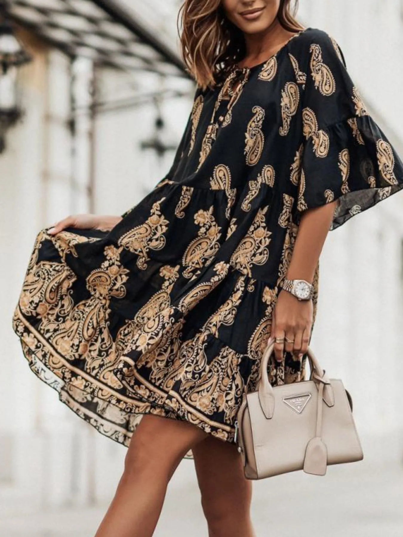 Paisley Print Tie Neck Half Sleeve Mini Dress - adritiX