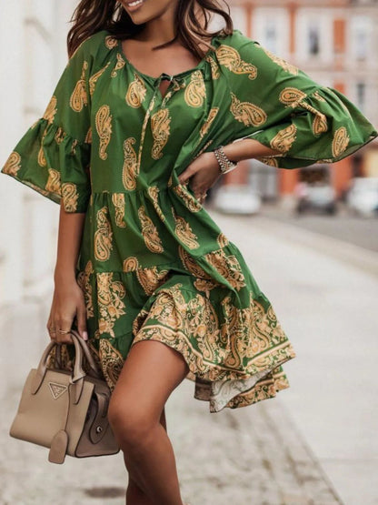 Paisley Print Tie Neck Half Sleeve Mini Dress - adritiX