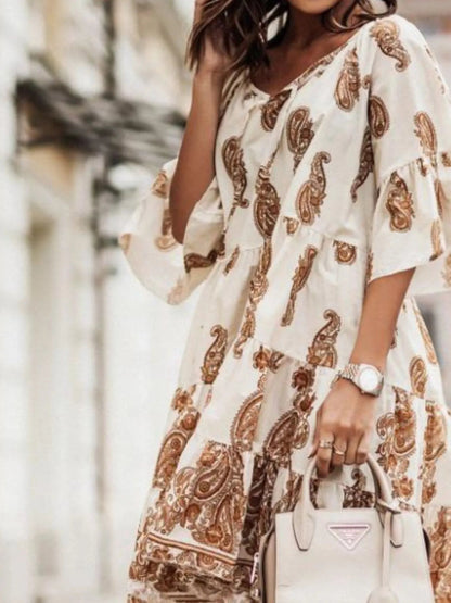 Paisley Print Tie Neck Half Sleeve Mini Dress - adritiX