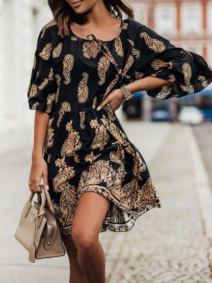 Paisley Print Tie Neck Half Sleeve Mini Dress - adritiX