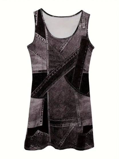 Patchwork Scoop Neck Denim Tank Dress - adritiX