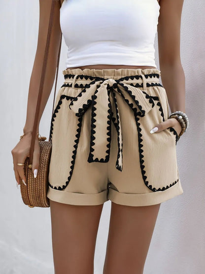 Perfee Tied Contrast Trim Shorts - adritiX
