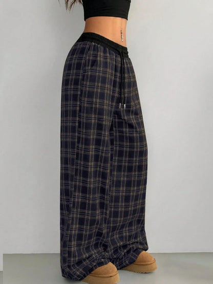 Plaid Perfection: Wide Leg Pants with Adjustable Drawstring for Ultimate Comfort - adritiX