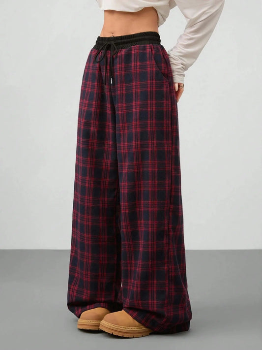 Plaid Perfection: Wide Leg Pants with Adjustable Drawstring for Ultimate Comfort - adritiX