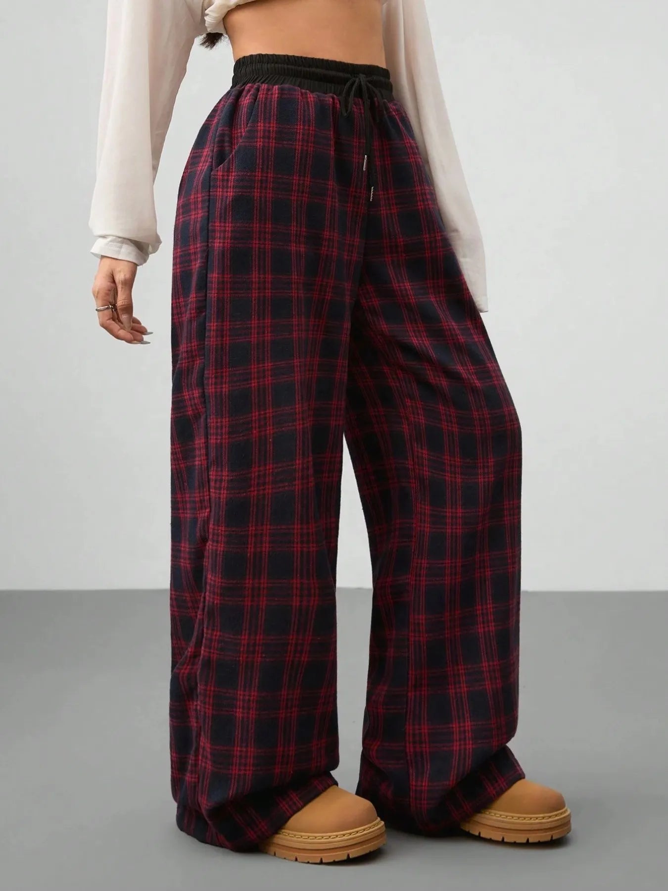 Plaid Perfection: Wide Leg Pants with Adjustable Drawstring for Ultimate Comfort - adritiX