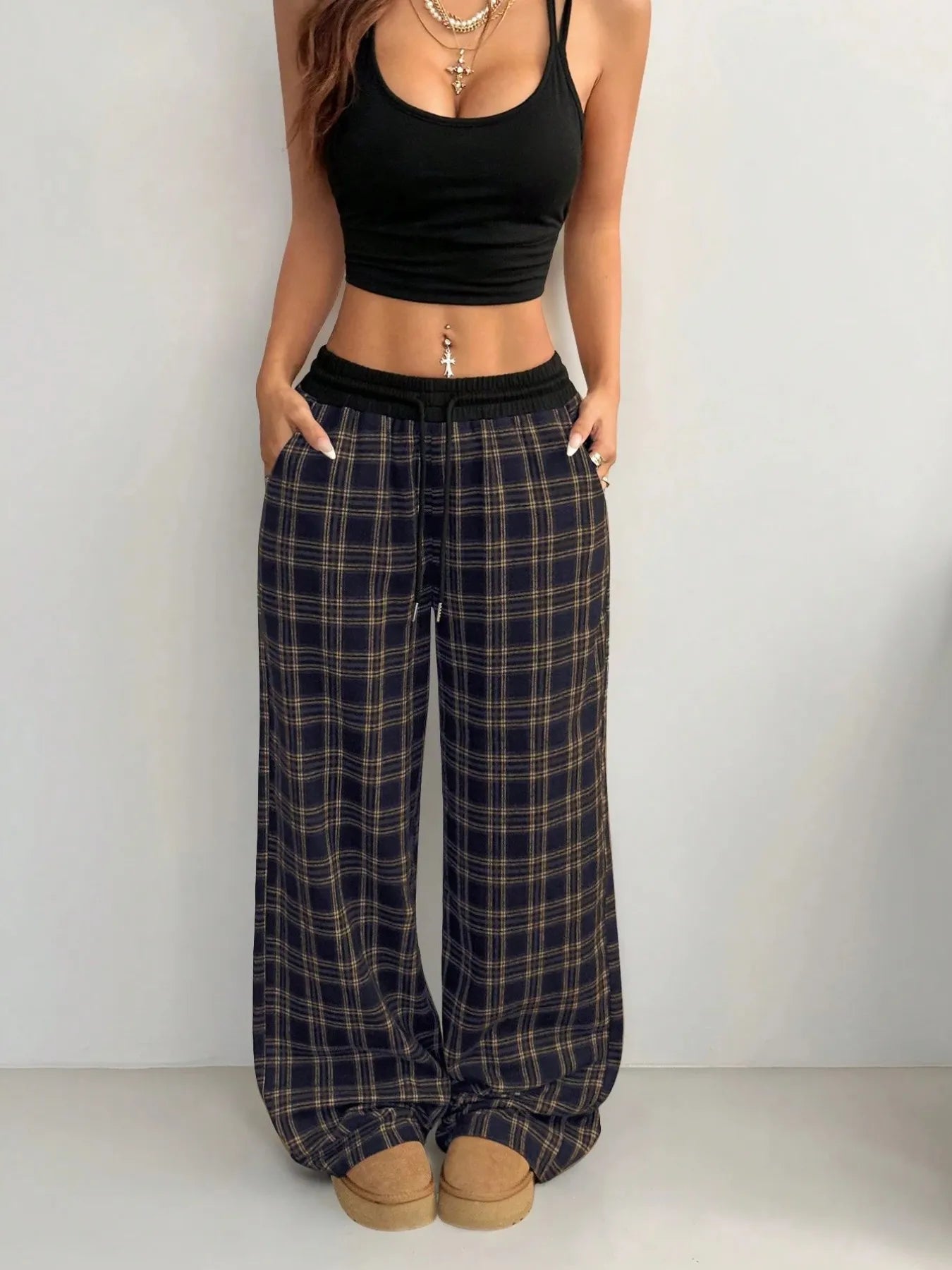 Plaid Perfection: Wide Leg Pants with Adjustable Drawstring for Ultimate Comfort - adritiX