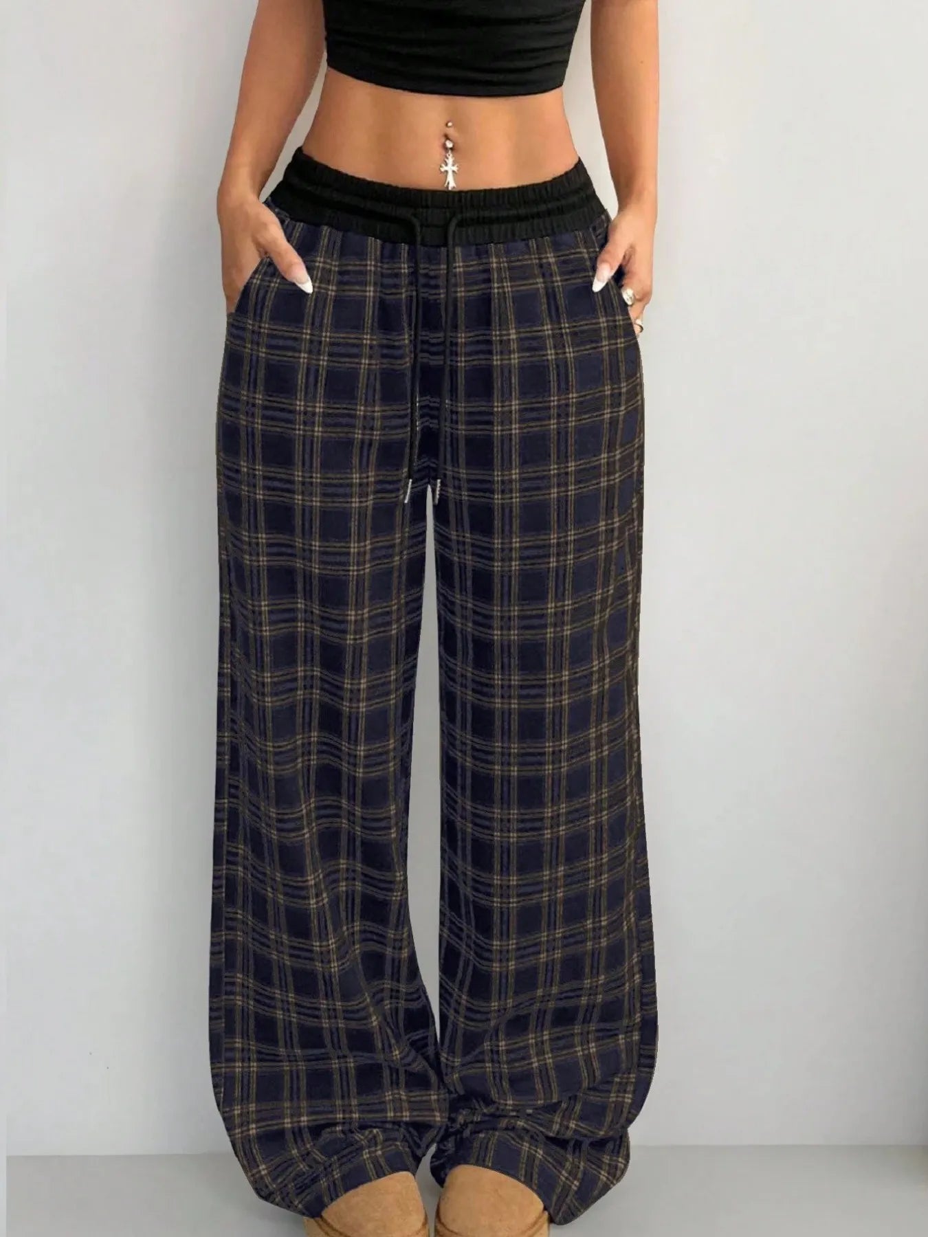 Plaid Perfection: Wide Leg Pants with Adjustable Drawstring for Ultimate Comfort - adritiX